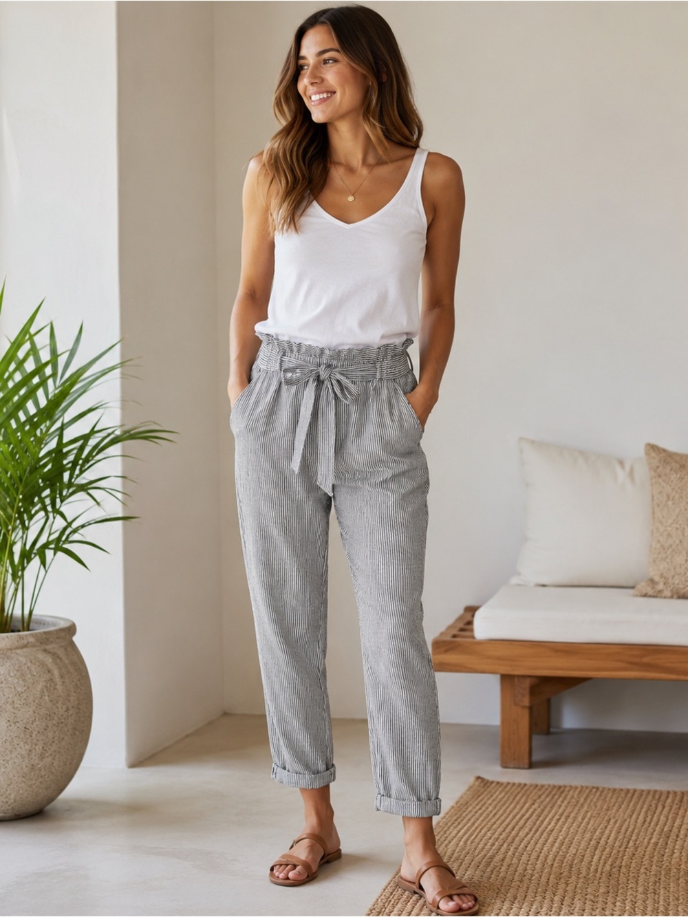 Max Studio Linen Blend Pull-on Paperbag Waist Pinstripe Pants, M, MSRP $89